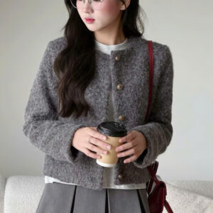 Áo Khoác Dạ Tweed Kiểu Nữ 2 Lớp Có Đệm Vai Dáng Ngắn Basic Chi Tiết Cổ Tròn Cúc Đồng Mùa Thu Đông Kimee