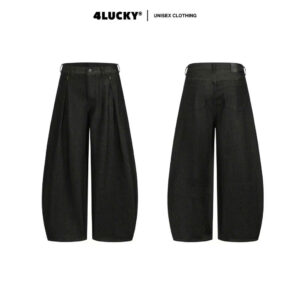 Quần Jean Unisex Chiết Ben Ống Rộng 4Lucky 6223, Quần Jean Ống Cong Màu Đen Siêu Chất Streetstyle
